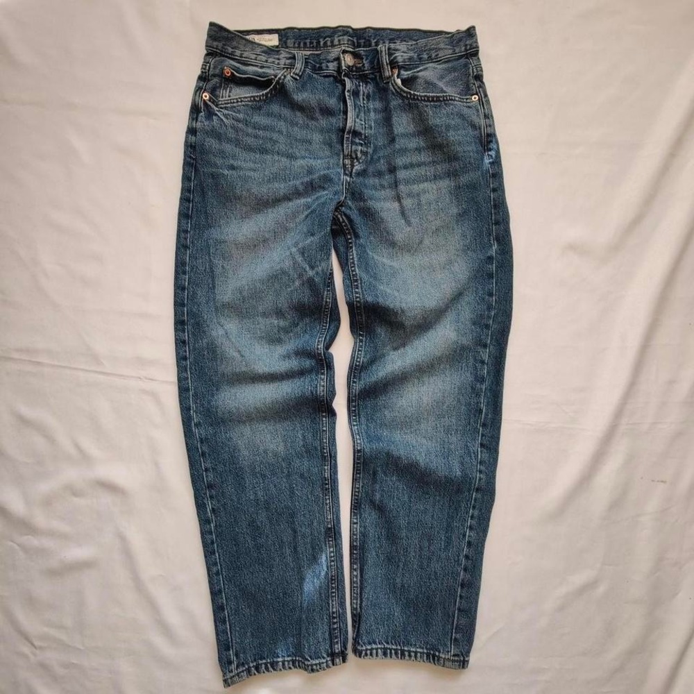 Zara Womens Straight Leg Jeans Button Fly Mid Rise Medium Wash Faded 34 Cotton